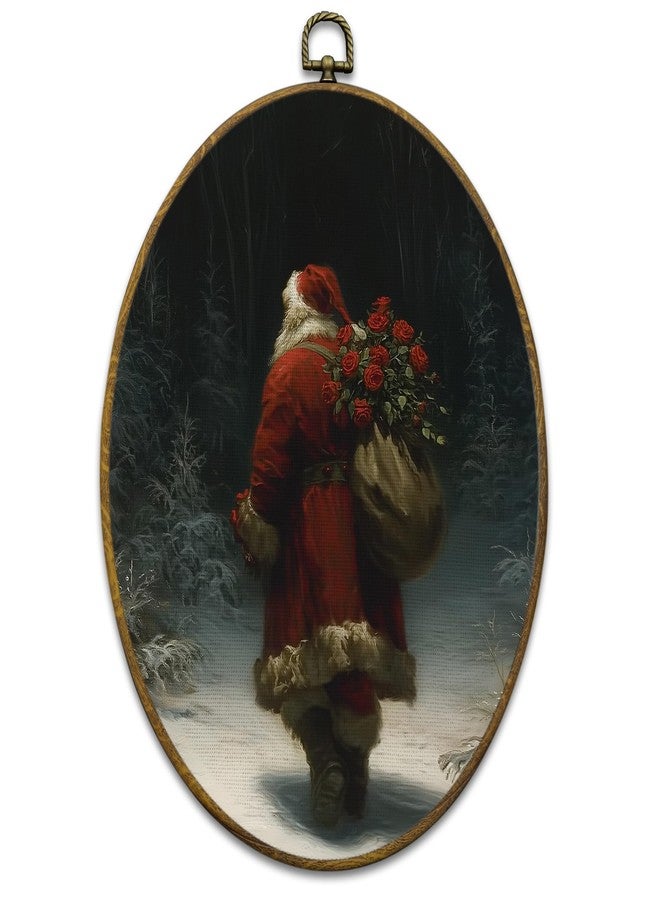Mcehtle Vintage Christmas Santa Wall Art Decor, Dark Academia Xmas Santa Claus Holiday Framed Canvas Prints 8.6x11.4, Moody Christmas Oval Wall Hanging Artwork Decorations for Home Bedroom Living Room - Image 1